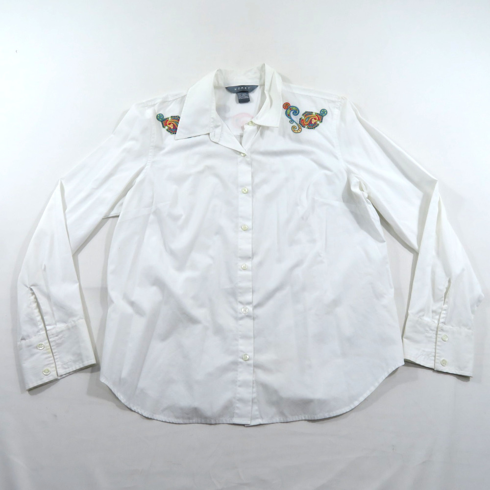 Koret Shirt Embroidered Yoke Blouse Whit Turqoise Orange Button Up Womens Sz XL